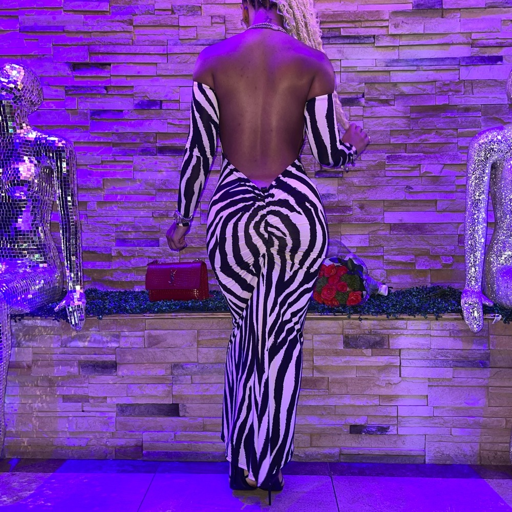 Black and white low dip back long dress size small